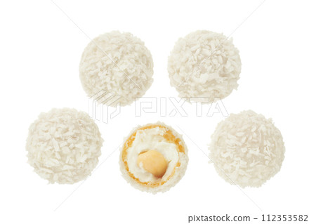 round candy raffaello with coconut flakes and nut isolated on white background. Top view. Flat lay. 112353582