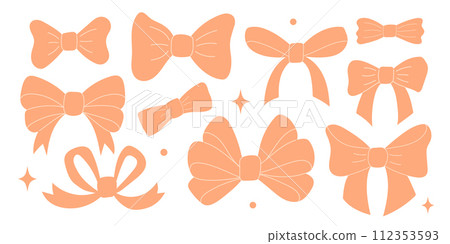 Set of various peach fuzz bow knots, gift ribbons. Trendy hair braiding accessory. Set of various peach fuzz bow knots, gift ribbons. Trendy hair braiding accessory. 112353593