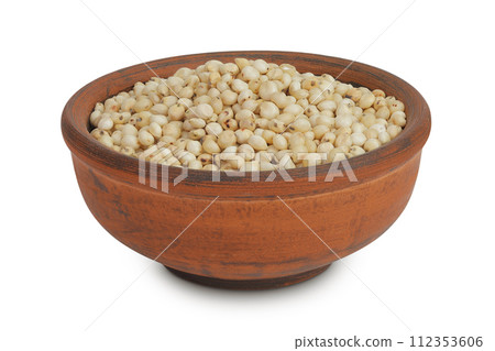 Sorghum seeds in ceramic bowl isolated on white background with full depth of field. 112353606