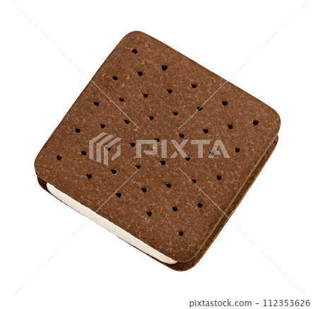 Ice cream sandwich with brown cookies isolated on white background. Top view. Flat lay 112353626