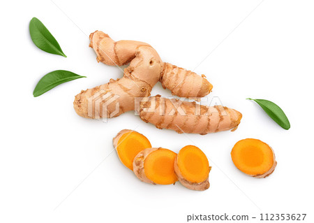fresh turmeric root and slices isolated on white background. Top view. Flat lay 112353627