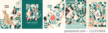 Happy Easter vector background. Modern geometric minimal abstract style with rabbits, geometric elements, eggs, plants flowers. Cute spring holiday minimalist concept for poster, printing, invitation 112353669