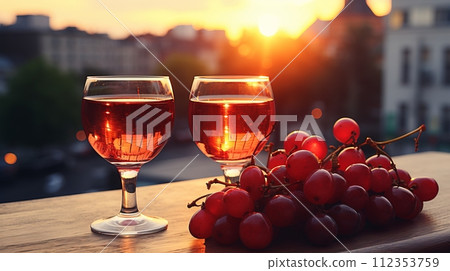 AI-generated content. sunset setting with two glasses of red wine and a wooden plate of fresh grapes 112353759