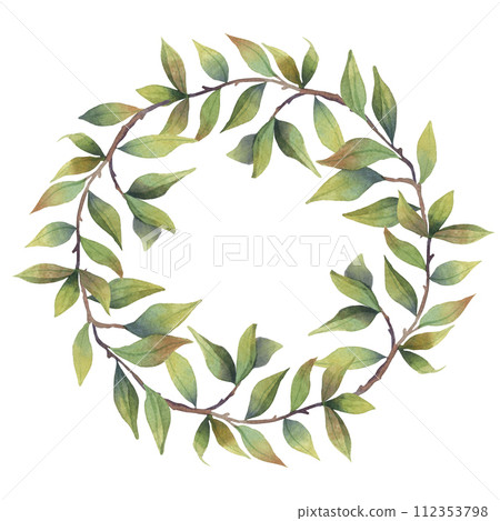 Watercolor green pomegranate wreath of leaves on branch tree 112353798