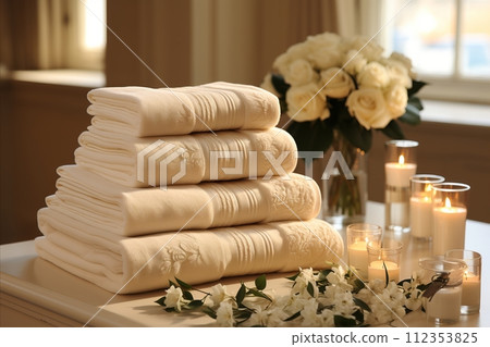 AI-generated content. Sauna towels, flowers, roses on background, relaxation and aromatherapy 112353825