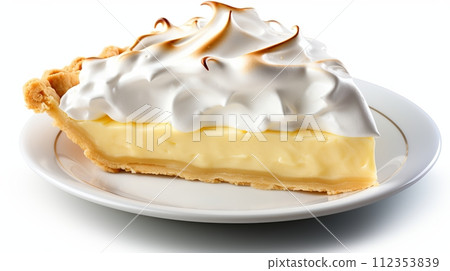 AI-generated content. Lemon Meringue Slice on Plate Pie with Fluffy Meringue Topping White Background 112353839