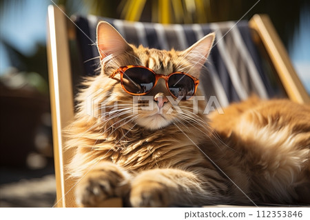 AI-generated content. cat in shades relaxing on a beach chair, soaking up the sunlight 112353846