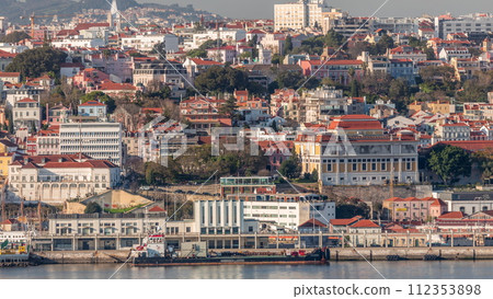 Aerial view of Lisbon with National Museum of Ancient Art near viewpoint with restaurant timelapse. Portugal Aerial view of Lisbon with National Museum of Ancient Art near viewpoint with restaurant timelapse. Portugal 112353898