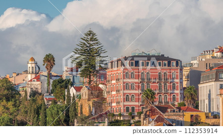 Jardim do Torel timelapse with views to the city center of Lisbon during evening. Portugal 112353914
