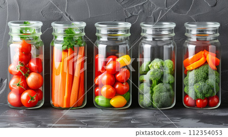 Multi-colored assorted vegetables laid out in glass jars. Limitless containers for storing food. 112354053