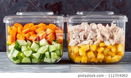 Glass containers neatly filled with diced vegetables and chicken. Healthy snack. Food for the road. 112354062