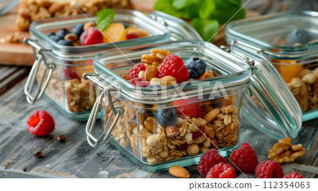 Tasty and Healthy Granola in Glass Containers. Nutritious snack with nuts, muesli and fresh berries 112354063