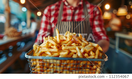 Close-up of a Chef Serving a Heaping Basket of Golden Crispy French Fries. Fried potatoes. Close-up of a Chef Serving a Heaping Basket of Golden Crispy French Fries. Fried potatoes. 112354067