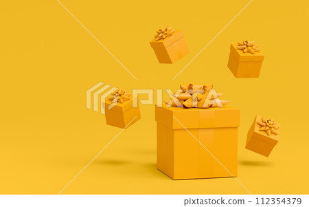 Gift boxes with ribbon and bow for Christmas flying and falling on monochrome 112354379