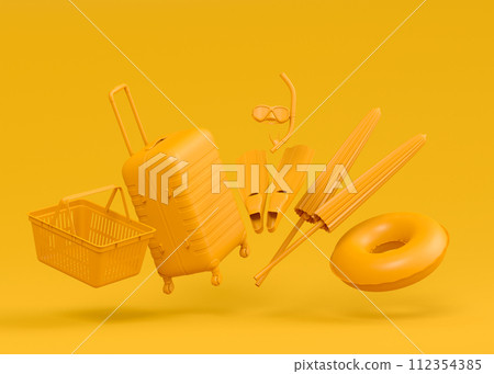 Colorful luggage with beach accessories and shopping basket on monochrome Colorful luggage with beach accessories and shopping basket on monochrome 112354385