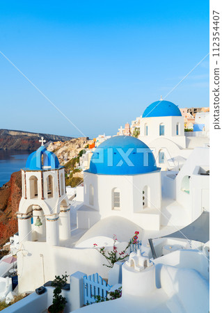 white belfries Santorini island, Greece 112354407