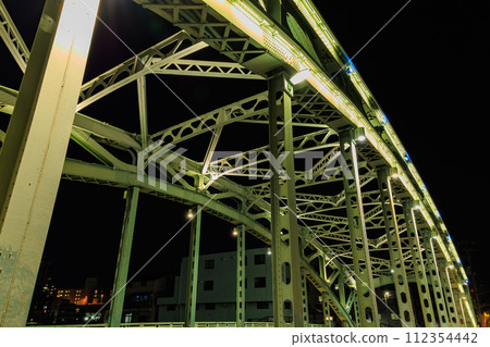 Tokyo, Koto-ku, Kiyosumi, night view of Mannenbashi Bridge spanning the Onagigawa River Tokyo, Koto-ku, Kiyosumi, night view of Mannenbashi Bridge spanning the Onagigawa River 112354442