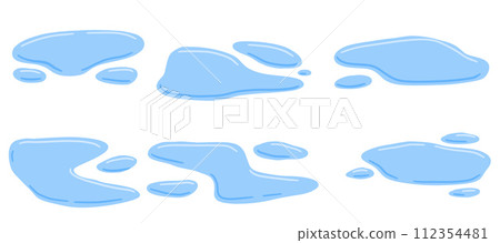 Puddle of water. Leak and blue drop. Wet blue splatter. Cartoon raindrop, icon of pond or lake. Flat cartoon set isolated on white background Puddle of water. Leak and blue drop. Wet blue splatter. Cartoon raindrop, icon of pond or lake. Flat cartoon set isolated on white background 112354481