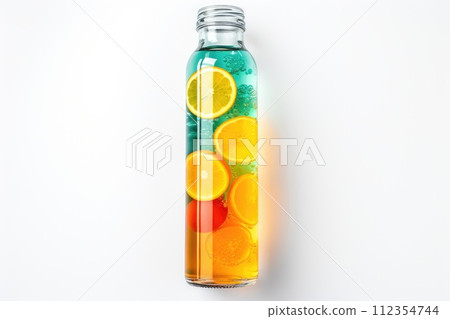 Bottles with multi-colored liquid or multifruit juice on a white background Bottles with multi-colored liquid or multifruit juice on a white background 112354744