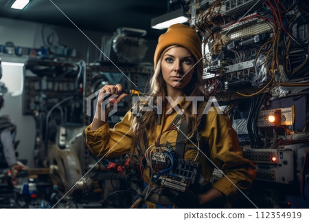AI-generated content. Woman Working in Electronics Service Surrounded by Modern Computers and Cables.Generated image 112354919