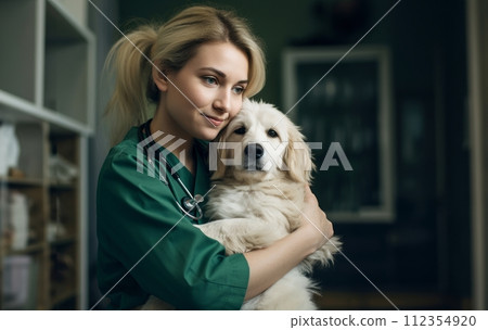AI-generated content. A veterinarian tenderly embraces a dog in a veterinary clinic, demonstrating compassion and care.Generated image 112354920
