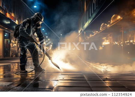 AI-generated content. Urban Renewal: Street Cleaners Prepare the City for a Fresh Day 112354924