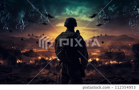 AI-generated content. Techno-Warfare Professional Soldier Engaged with Combat Holograms on Computer.Generated image 112354953