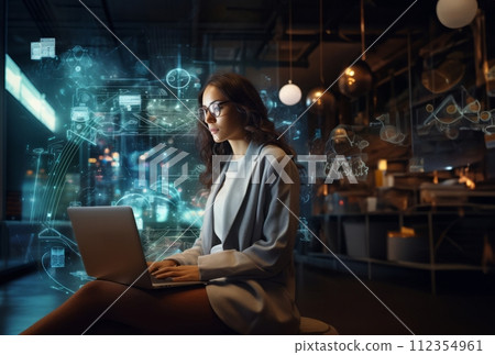 AI-generated content. Woman Hacker Surrounded by Symbolic Holographic Technology.Generated image 112354961