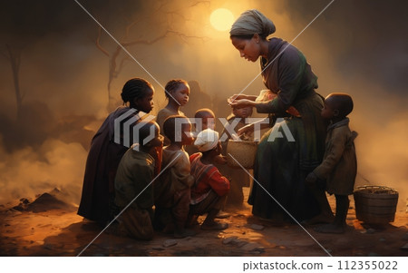 AI-generated content. African-American Mother Nourishes Her Hungry Children.Generated image 112355022
