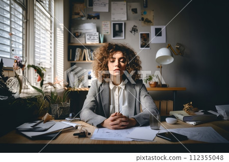 AI-generated content. Fatigued Businesswoman Finding Mental Respite After Long Workday.Generated image 112355048