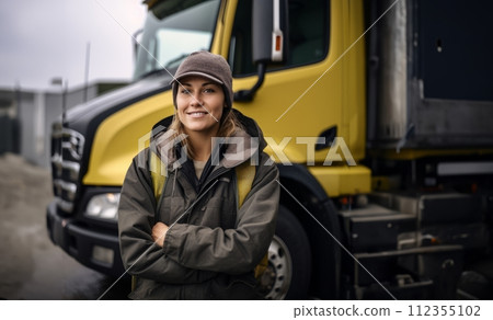 AI-generated content. Female Trucker Takes a Break After Long Day.Generated image 112355102