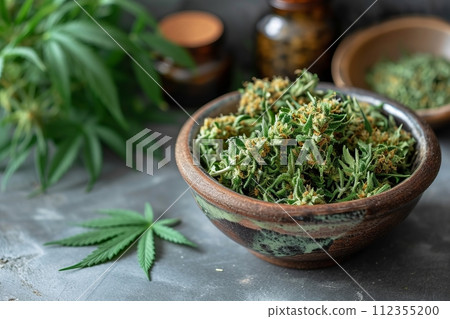 Cannabis and microscope, science background. Concept of research on cannabis for medical purposes 112355200
