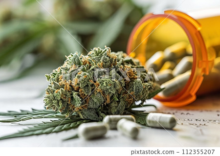 Medicinal cannabis. Pills in a jar and a cannabis dried bud. The concept of medical hemp-based nutritional supplements or replacing pharmaceuticals with plant-based alternatives 112355207