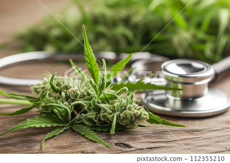 Medicinal hemp background. Cannabis flowering bud and medical stethoscope 112355210