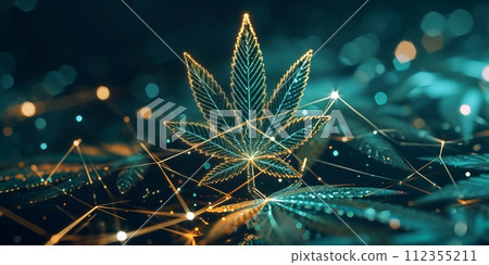 Marijuana leaf in a glowing hologram, connected by shining lines on dark background. Futuristic banner with neon marijuana leaf on dark background 112355211