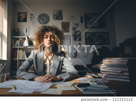 AI-generated content. Fatigued Businesswoman Finding Mental Respite After Long Workday.Generated image 112355222