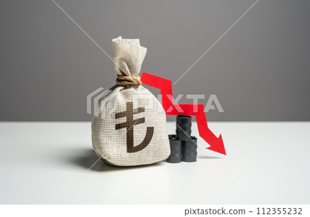 Oil barrels and turkish lira money bag and red arrow down. Falling profit from the sale of energy resources and petroleum products. Trade and fall of oil transportation. Negative prognosis 112355232