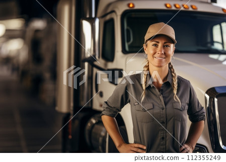 AI-generated content. Female Trucker Takes a Break After Long Day.Generated image 112355249