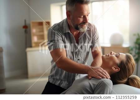 AI-generated content. Chiropractor Performing Neck Adjustment and Massage on Woman.Generated image 112355259