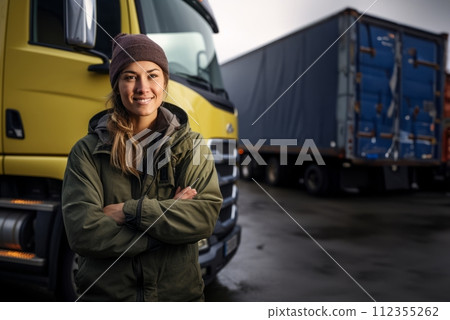 AI-generated content. Female Trucker Takes a Break After Long Day.Generated image 112355262