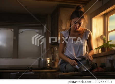 AI-generated content. Tired Woman Cleaning Living Room and Kitchen.Generated image 112355295