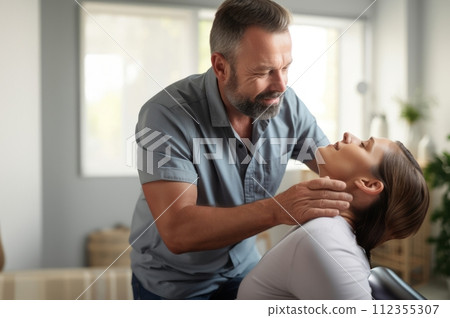 AI-generated content. Chiropractor Performing Neck Adjustment and Massage on Woman.Generated image AI-generated content. Chiropractor Performing Neck Adjustment and Massage on Woman.Generated image 112355307