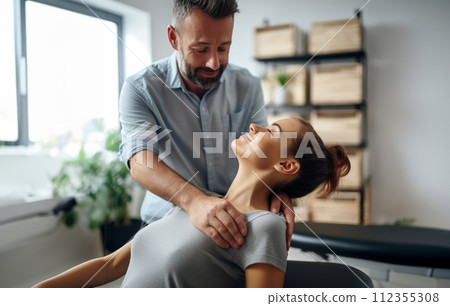 AI-generated content. Chiropractor Performing Neck Adjustment and Massage on Woman.Generated image AI-generated content. Chiropractor Performing Neck Adjustment and Massage on Woman.Generated image 112355308