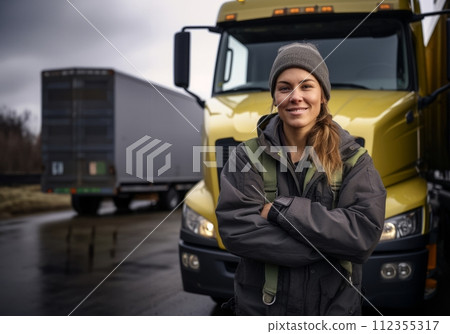AI-generated content. Female Trucker Takes a Break After Long Day.Generated image 112355317