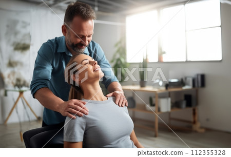 AI-generated content. Chiropractor Performing Neck Adjustment and Massage on Woman.Generated image AI-generated content. Chiropractor Performing Neck Adjustment and Massage on Woman.Generated image 112355328