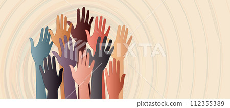 Banner with volunteer people with raised hands. Diversity Equality Inclusion. Charitable donation. Support and assistance. Multicultural community. NGO. Aid. Help. Volunteerism. Teamwork 112355389