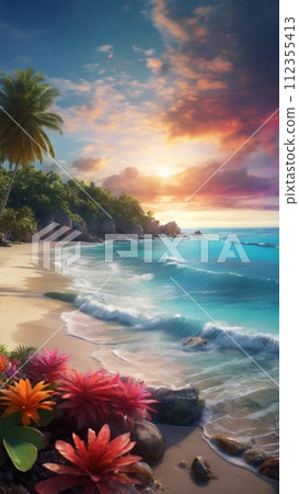 Beautiful tropical beach with colorful plants Beautiful tropical beach with colorful plants 112355413