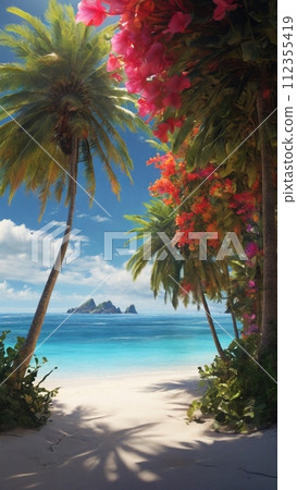 Beautiful tropical beach with colorful plants 112355419