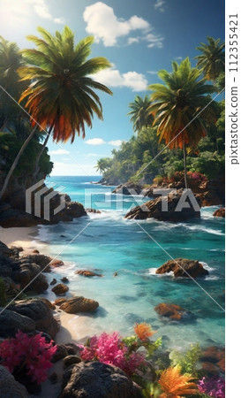 Beautiful tropical beach with colorful plants 112355421