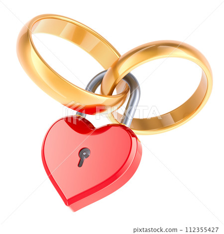 Red heart padlock with wedding rings, 3D rendering 112355427